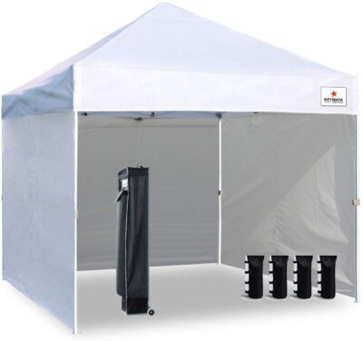 Keymaya 10'x10' Ez Pop Up Canopy Tent is one of Best Pop Up Canopy Tents with thumb button safe release, heavy duty canopy.